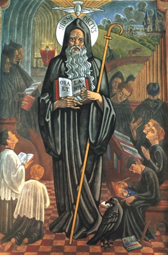 A photo of the mural of St. Benedict in the Memorial Lobby.