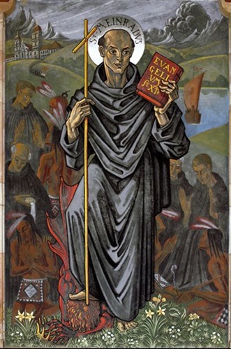 A photo of the mural of St. Meinrad in the Memorial Lobby.