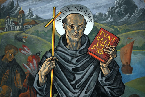 Image of St. Meinrad on a mural in the Memorial Lobby.