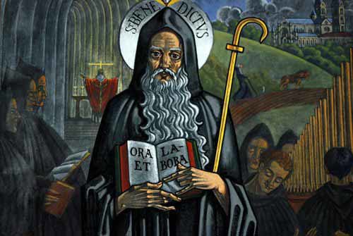 Photo of the mural of St. Benedict in the Memorial Lobby.